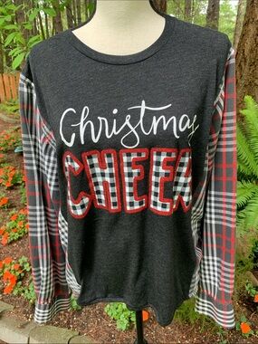 Upcycled Women’s Christmas graphic Tee with Added Flannel Matching Skeeves